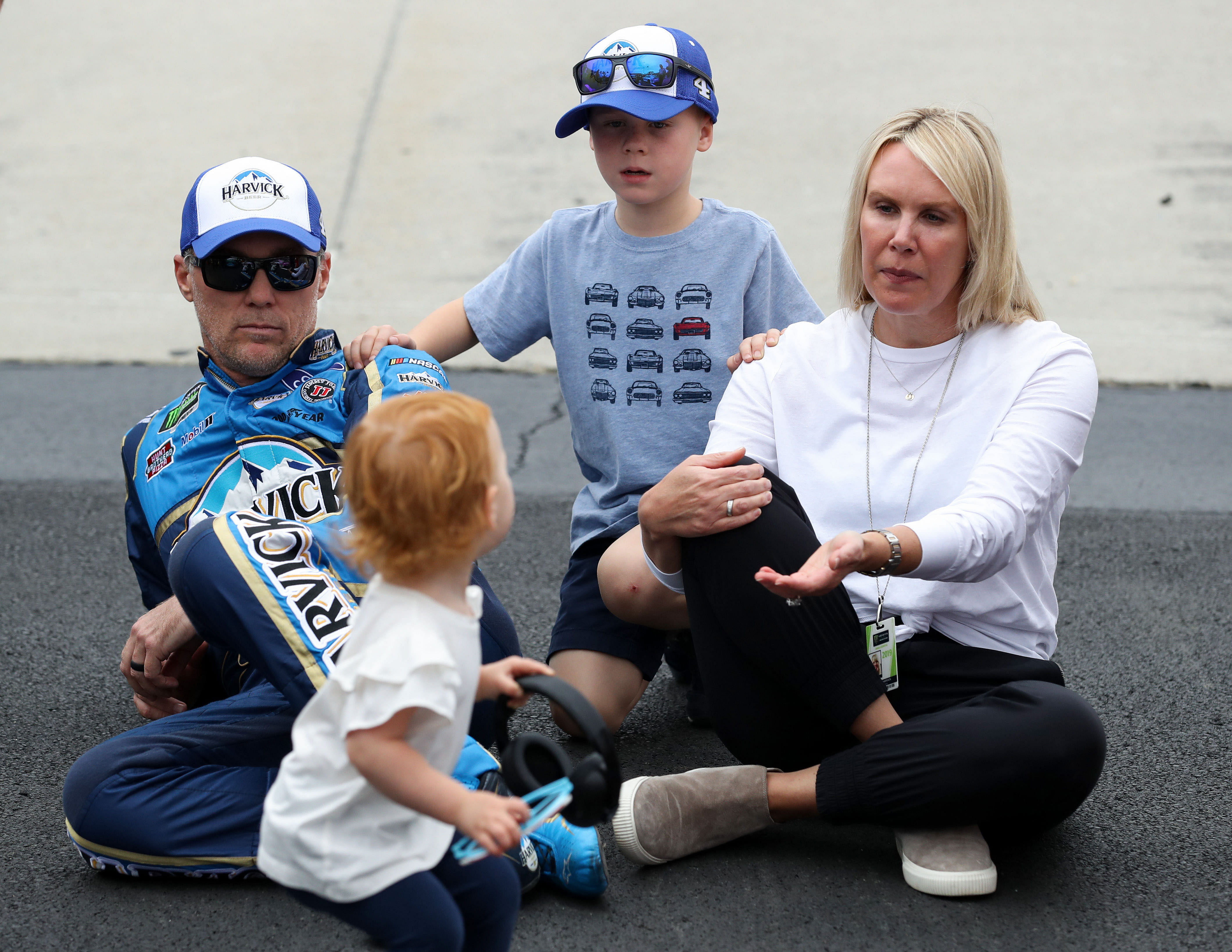 Kevin Harvick (left) with his wife DeLana Harvick and children Keelan and Piper, before the 2019 Drydene 400. Source: Imagn
